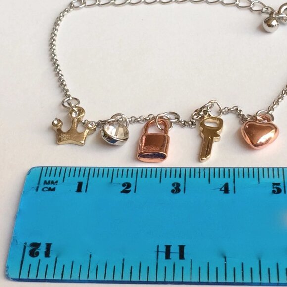 Heart Lock Key Crown Charm Bracelet Anklet 6-8" Love Queen Tri Color Gold Plated - Picture 12 of 12